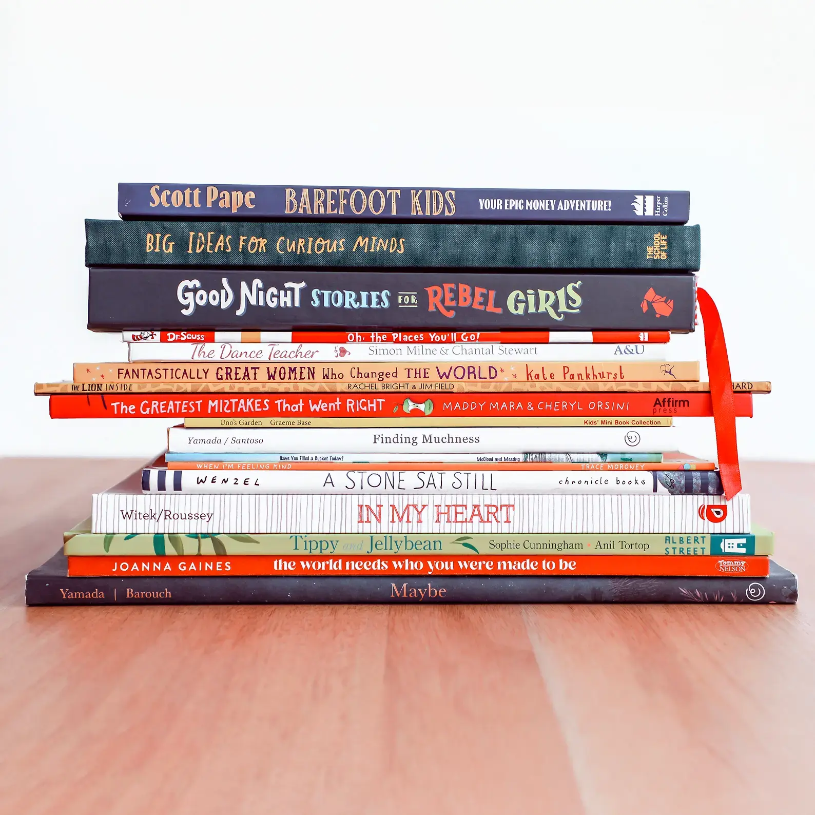 Stack of various children's books on wooden floor.