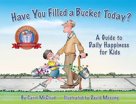 Father and child walking with buckets of joy.