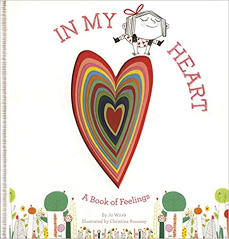 Children's book cover: colorful heart, feelings theme.