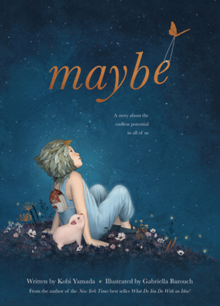 Illustrated young girl under starry sky with pig.