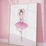 Illustrated ballerina in pink tutu on canvas against wall