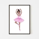 Illustration of ballerina in pink tutu dancing - black frame