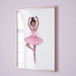 Framed artwork of ballerina in pink tutu on wall