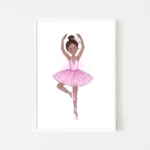 Illustration of ballerina in pink tutu dancing - white frame