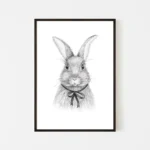Framed sketch of rabbit with ribbon