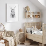 Minimalist nursery with wooden furniture and bunny decor.