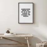 "Power to change the world" inspirational quote print by Roald Dahl - black frame on minimalist wall.