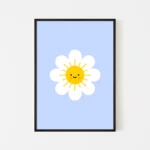 Smiling sun inside a daisy on blue background - black frame