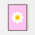 Smiling sun with flower petals on pink background - black frame