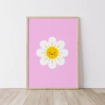 Smiling sun flower poster on pink background.