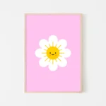 Smiling sun-faced daisy on pink background - timber frame