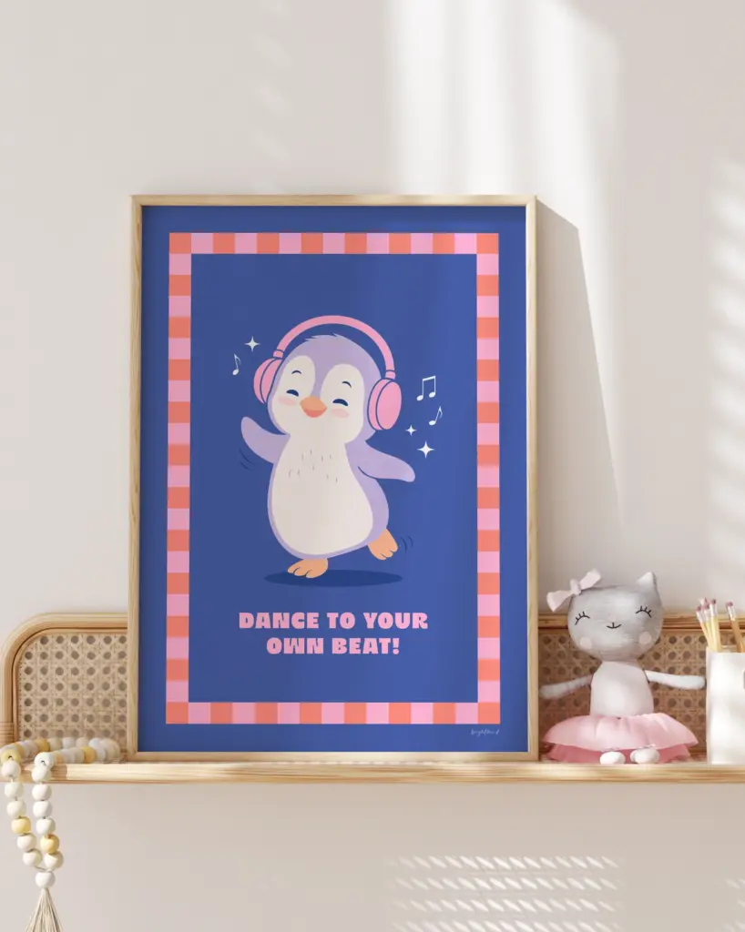 Cute penguin dancing with headphones poster