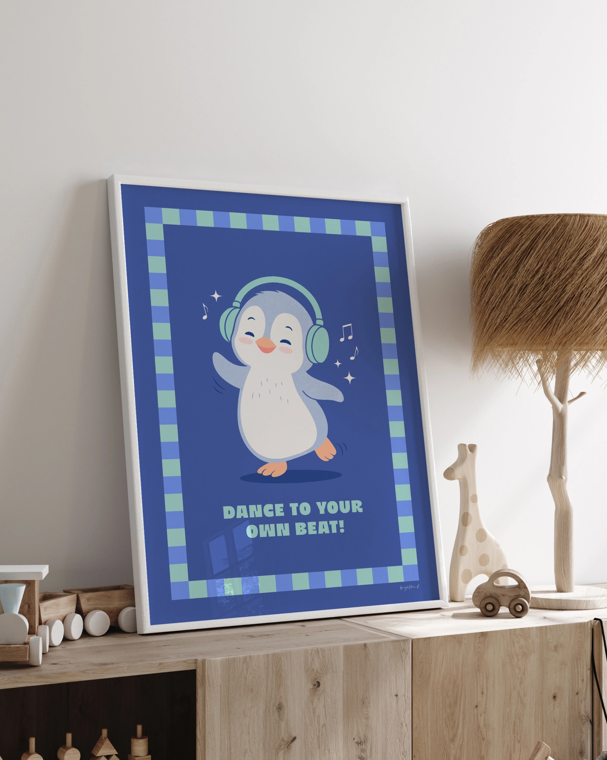 Cute penguin dancing with headphones poster